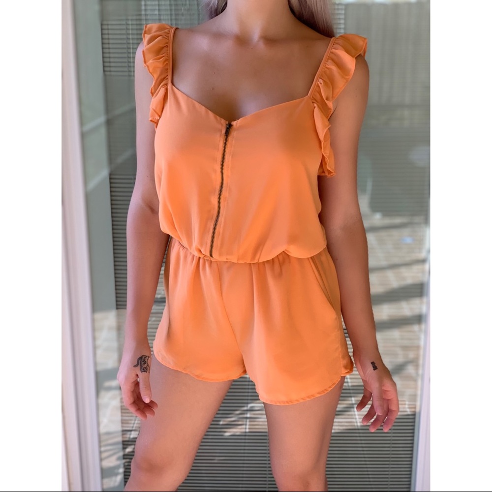 Luca Couture Orange Romper with Front Zipper
